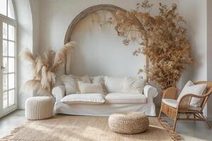 ai gerado vivo quarto interior projeto, moderno mobília e decorativo arco com seco flores, branco sofá e poltrona foto