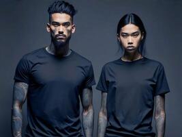 ai gerado retrato do uma modelo com uma tatuagem vestindo uma Preto t camisa. roupas brincar dentro juventude na moda estilo. foto