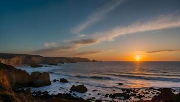 ai gerado dourado horizonte uma majestoso pôr do sol sobre rochoso de praia foto