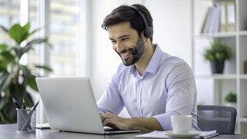 ai gerado uma sorridente homem vestindo uma fone de ouvido e sorridente enquanto usando uma computador portátil foto