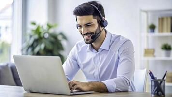 ai gerado uma sorridente homem vestindo uma fone de ouvido e sorridente enquanto usando uma computador portátil foto