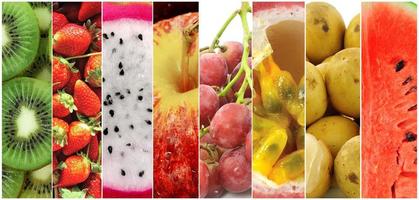 morango, kiwi, bagas, uvas, maçãs, melancia, maracujá, fundo de alimentação saudável foto