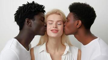 ai gerado loiro mulher beijou de dois africano americano homens. trio relação conceito. íntimo momento dentro uma romântico trio. contemporâneo amor e intimidade. complexo relacionamentos e conexão. foto