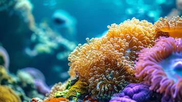 ai gerado vívido coral recife dentro oceano águas. conceito do marinho vida, embaixo da agua biodiversidade, tropical ecossistema, e natural aquário. fechar acima. foto