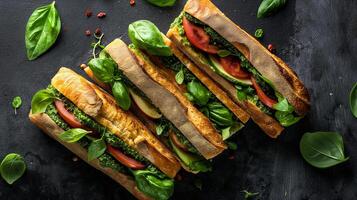 ai gerado caprese sanduíches com tomate, mozzarella queijo, chagas folha pesto em uma mesa. bazil folhas. foto