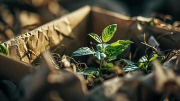 ai gerado a ecológico conceito com crescendo verde folhas, jovem verde fotos dentro biodegradável turfa musgo potes. eco, zero desperdício, plástico livre, sustentável estilo de vida, renovável. bokeh