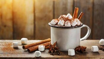 ai gerado quente chocolate dentro metal branco copo com marshmallows e canela em de madeira mesa. foto