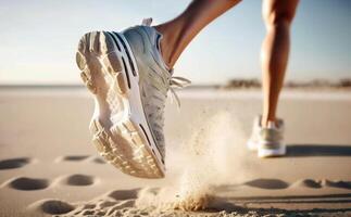 ai gerado de atleta pé dentro tênis que começa para correr. areia moscas debaixo seus sapato. foto