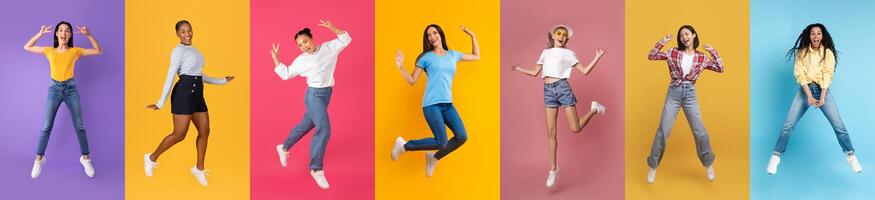 louco Diversão. grupo do feliz multiétnico mulheres pulando meio do ar em colorida fundos foto