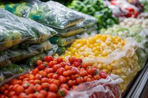 ai gerado congeladas legumes dentro bolsas dentro Moscou loja. foto