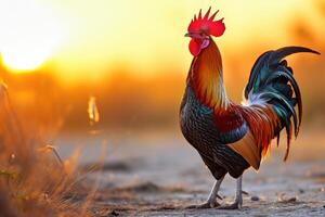 ai gerado lindo pôr do sol com uma frango. foto