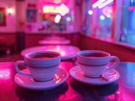 ai gerado dois copos do café sentar em uma vibrante iluminado por neon mesa dentro uma nostálgico retro o jantar configuração foto