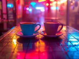 ai gerado dois copos do café sentar em uma vibrante iluminado por neon mesa dentro uma nostálgico retro o jantar configuração foto