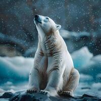 ai gerado assentos polar Urso olhando acima fechar acima foto debaixo a neve dentro animais selvagens. alta resolução. ai generativo