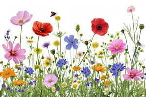 ai gerado colorida Prado e jardim flores com insetos isolado foto