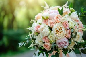 ai gerado fechar acima do Casamento flores rosas peônias decorativo plantas. foto