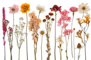 ai gerado conjunto com lindo decorativo seco flores em branco fundo bandeira Projeto foto