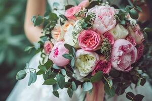 ai gerado fechar acima do Casamento flores rosas peônias decorativo plantas. foto