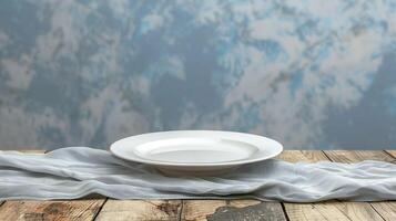ai gerado esvaziar prato em toalha de mesa em de madeira mesa sobre grunge azul fundo foto