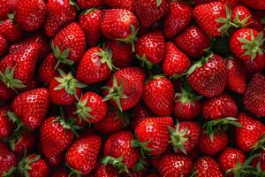 ai gerado vermelho morango fruta fundo topo Visão frescor do suculento para decoração batido Comida cardápio foto