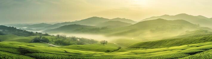 ai gerado uma panorâmico Visão do a exuberante verde chá plantações paisagem, bandeira estilo foto