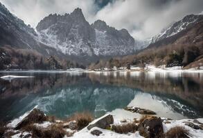 ai gerado uma Visão do uma lago dentro a Pirineus foto