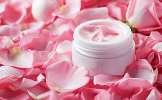 ai gerado aberto jarra do luxuoso com aroma de rosa creme cercado de fresco Rosa pétalas foto