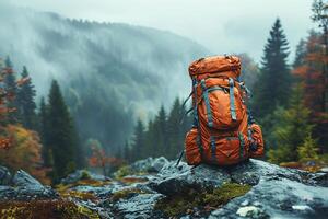 ai gerado laranja mochila em repouso em uma rochoso afloramento dentro uma enevoado floresta às crepúsculo foto