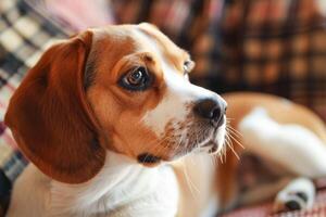 ai gerado beagle cachorro em repouso em uma acolhedor branco cobertor dentro brilhante luz do dia foto