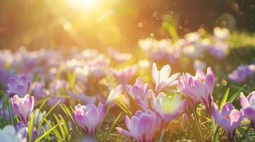 ai gerado roxa açafrão flores florescendo dentro uma ensolarado Primavera campo às alvorecer foto