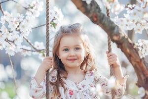 ai gerado jovem menina desfrutando uma balanço passeio entre Primavera flores às pôr do sol foto