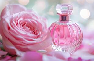 ai gerado elegante perfume garrafa colocada Próximo para uma florescendo Rosa rosa em uma suave borrado fundo foto