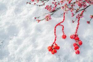 ai gerado Primavera símbolos martisor baba marta flores martenitsa. foto