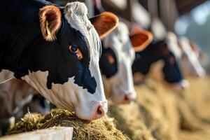 ai gerado saudável laticínios vacas ser alimentado dentro gado Fazenda celeiro foto