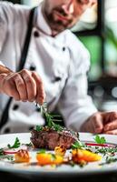 ai gerado profissional chefe de cozinha enfeite uma bife prato dentro uma ocupado restaurante cozinha foto