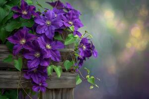 ai gerado roxa clematis escalada de madeira treliça foto