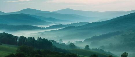 ai gerado enevoado montanhas às nascer do sol foto