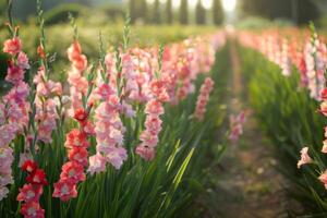 ai gerado gladíolo flores dentro dourado luz foto