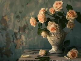 ai gerado vintage rosas dentro clássico vaso foto