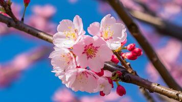 ai gerado imagem cereja Flor árvore macro detalhe com Rosa azul fundo foto