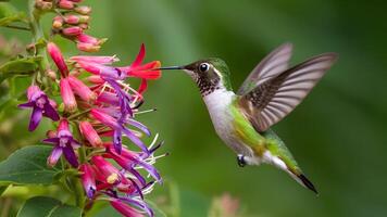 ai gerado gracioso beija Flor goza néctar a partir de uma borboleta arbusto foto