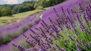 ai gerado quadro, Armação borrado natureza fundo com bem lavanda flores, florescendo panorama foto