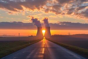 ai gerado nascer do sol sobre a Dukovany nuclear poder plantar com resfriamento torres dentro a tcheco república poder plantar foto