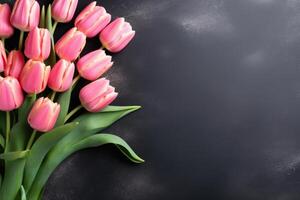 ai gerado mães dia tulipa arranjo em Preto fundo. foto