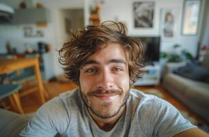 ai gerado sorridente homem com grandes cabelo e barba foto