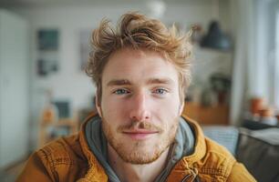 ai gerado sorridente homem com grandes cabelo e barba foto