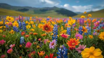 ai gerado colorida flores florescendo dentro a Relva foto