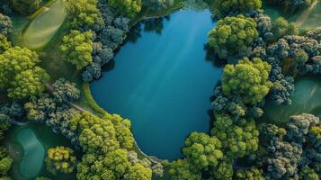 ai gerado aéreo Visão do lago cercado de árvores foto