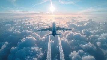 ai gerado avião vôo através nublado céu com fumaça trilha foto