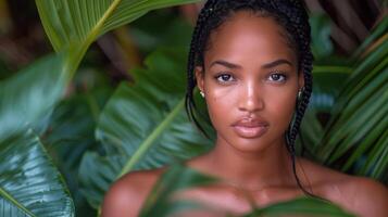 ai gerado mulher com molhado cabelo em pé de Palma árvore foto